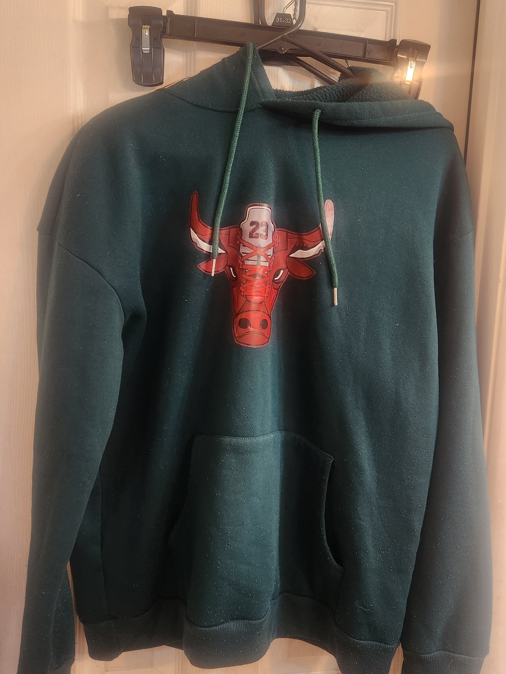 Men's Dark Green Pullover Hoodie with Red Bull Graphic